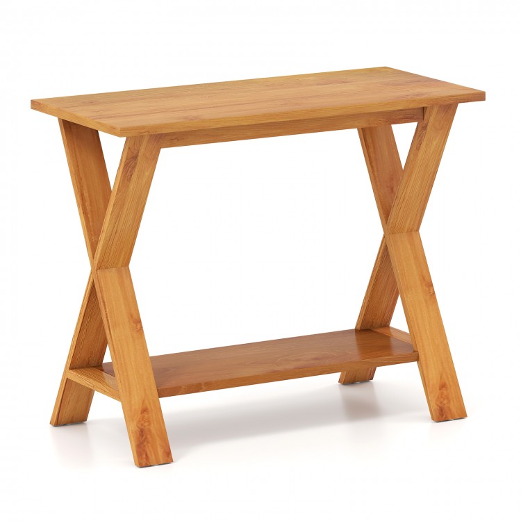 35-inch solid teak wood console table with storage shelf, featuring a simple design for versatile home placement.