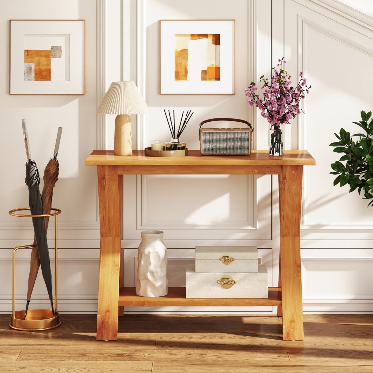 35-inch solid teak wood console table with storage shelf, featuring a long tabletop and stylish design for home decor.