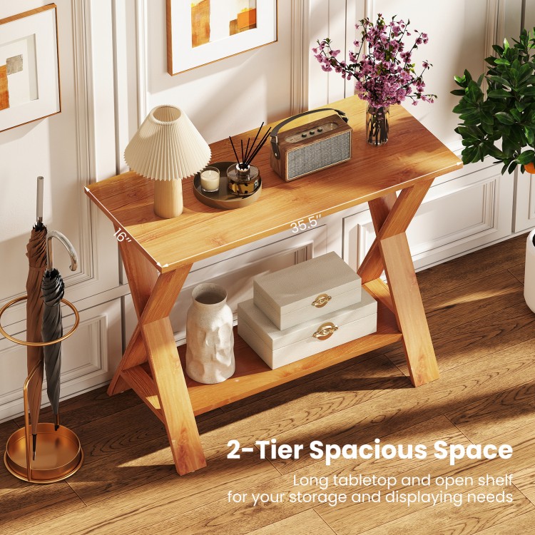 Console table with teak wood finish, showcasing a spacious open shelf for storage and display in a stylish living room.
