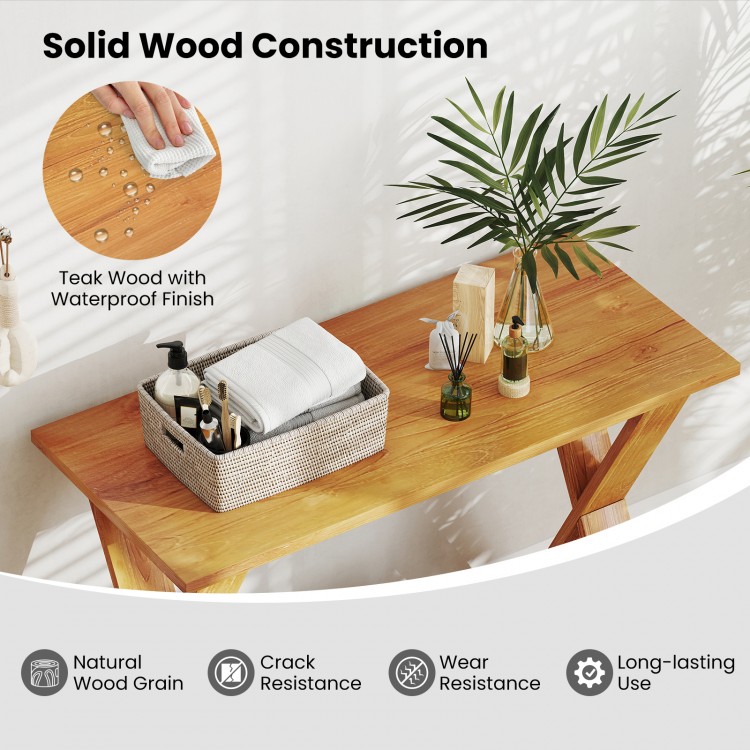 35-inch solid teak wood console table with waterproof finish, featuring a long tabletop and open storage shelf for.