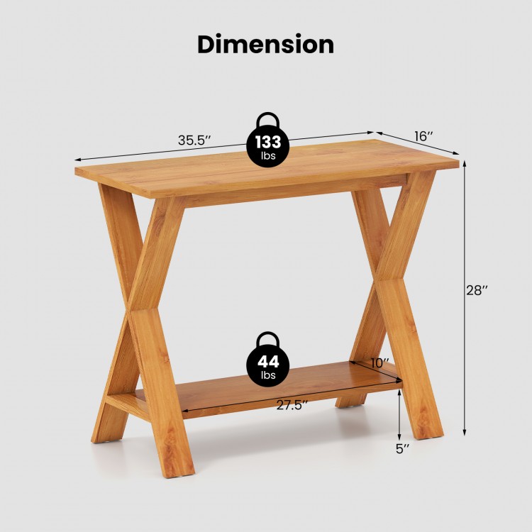 Dimensions of the 35-inch solid teak wood console table with storage shelf, showcasing its sturdy design and.