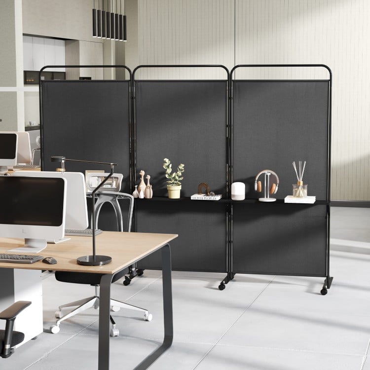 3-panel folding room divider in black with 3 metal shelves, ideal for organizing items in office or living space.