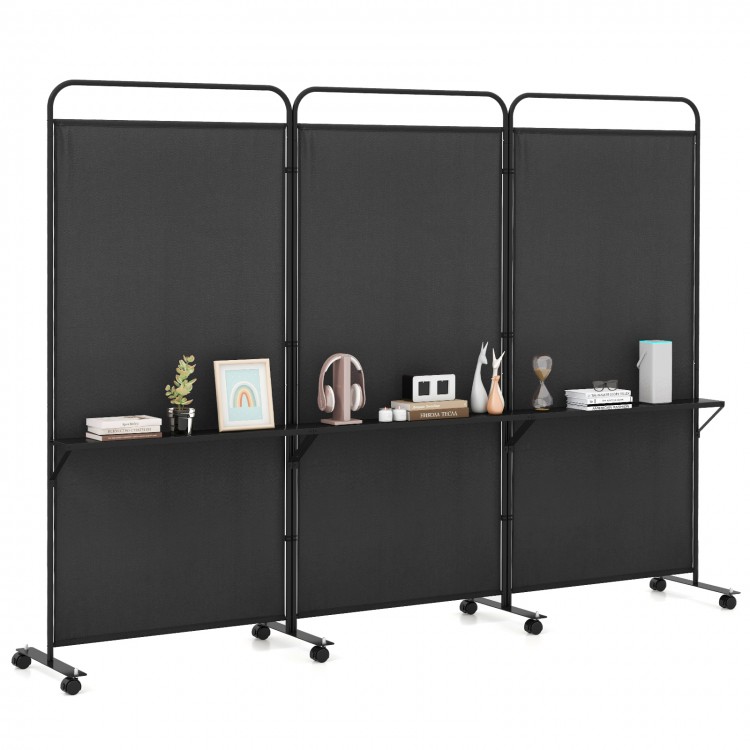 3-panel black room divider with 3 metal shelves, featuring lockable wheels for easy mobility and versatile use.