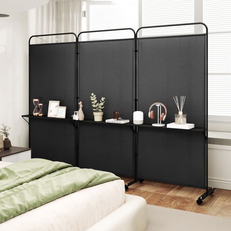 Three-panel black room divider with metal shelves, ideal for organizing items in living rooms or bedrooms.