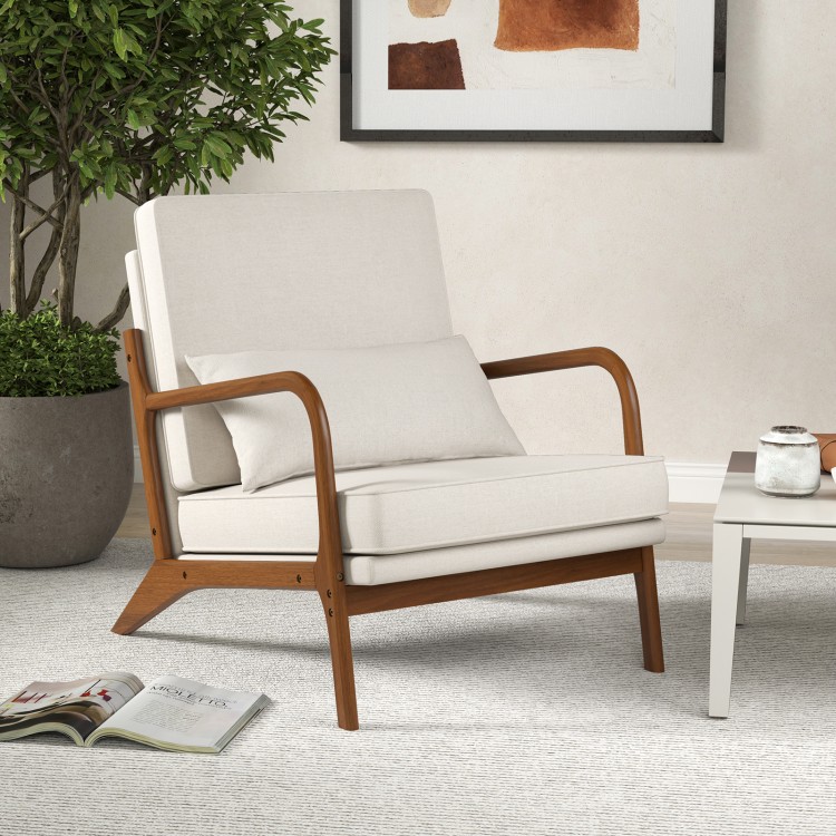 Modern accent chair with rubber wood armrests and beige cushions, perfect for reading rooms or living spaces.