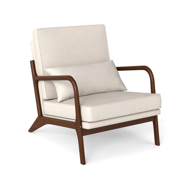 Modern accent chair with rubber wood armrests, beige cushion, and lumbar support, ideal for living rooms or reading.
