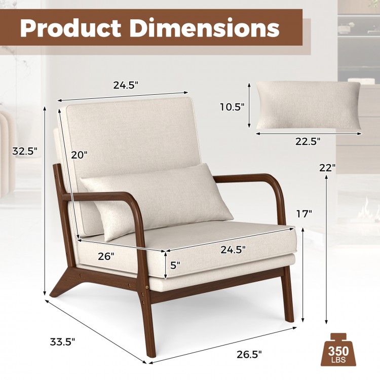 Dimensions of the Modern Accent Chair with Rubber Wood Armrests, featuring a beige padded seat and lumbar support.