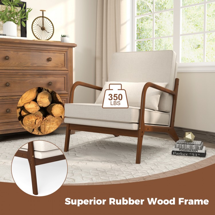 Modern accent chair with rubber wood armrests, beige sponge padded seat, ideal for living rooms and reading spaces.