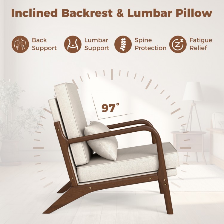 Side view of the Modern Accent Chair with rubber wood armrests, featuring an inclined backrest and lumbar pillow for.