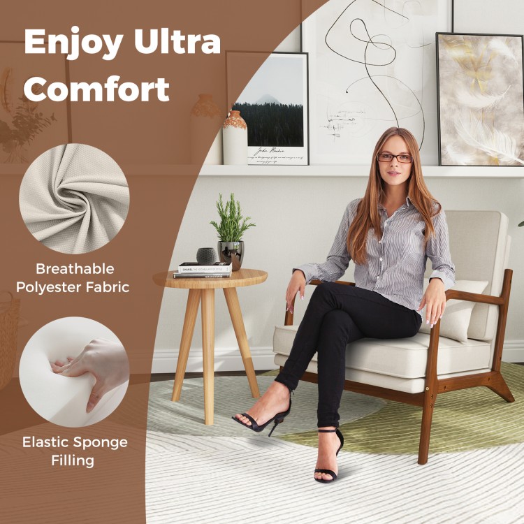 Modern accent chair with rubber wood armrests, beige fabric, and sponge filling, ideal for living rooms and reading.