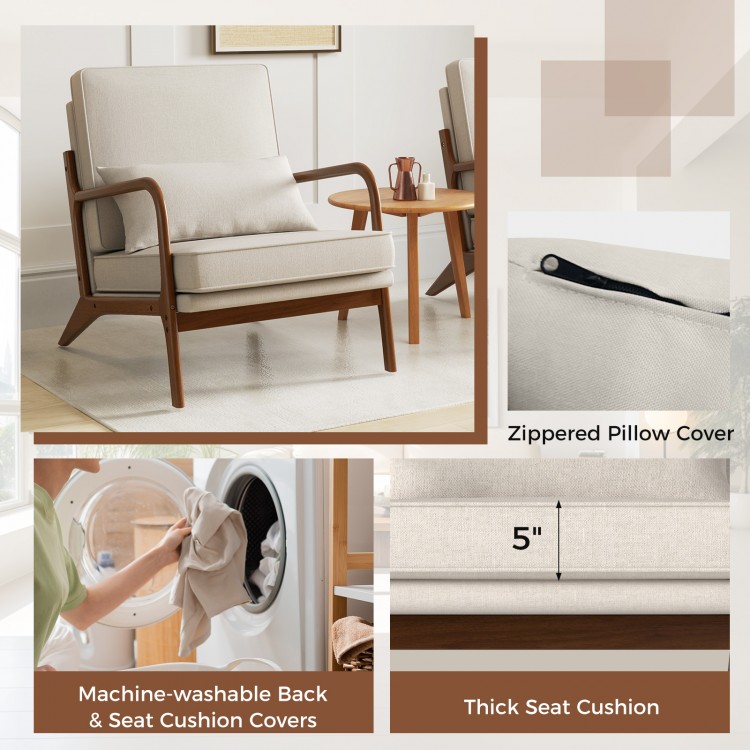 Modern accent chair with rubber wood armrests, beige removable cushions, ideal for living rooms and reading spaces.