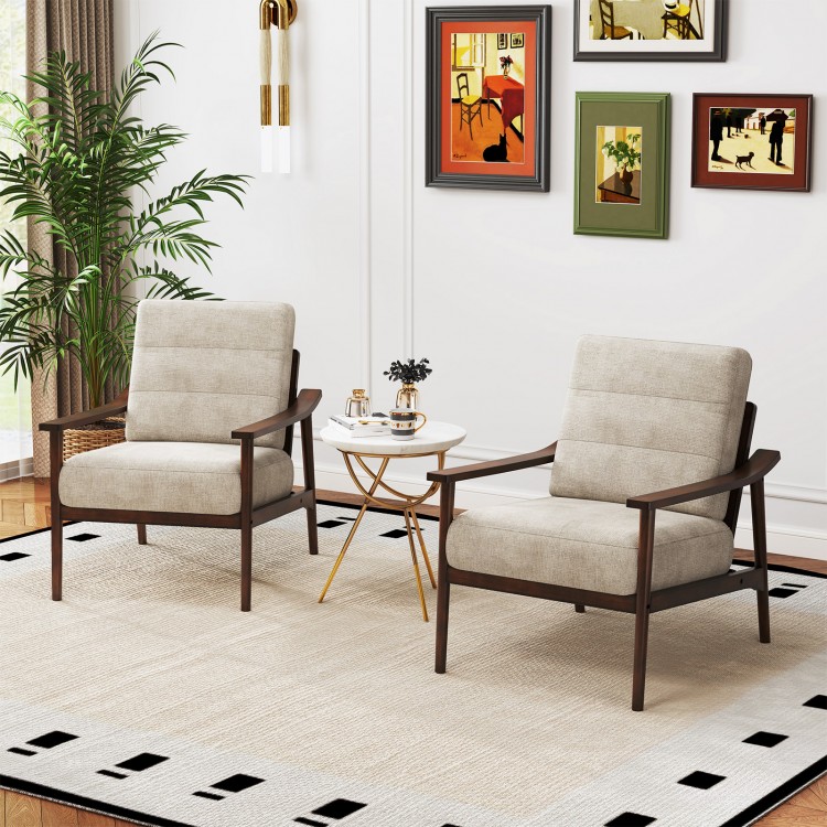 Modern accent chairs with rubber wood armrests and legs, featuring padded cushions for comfort in a stylish living room.