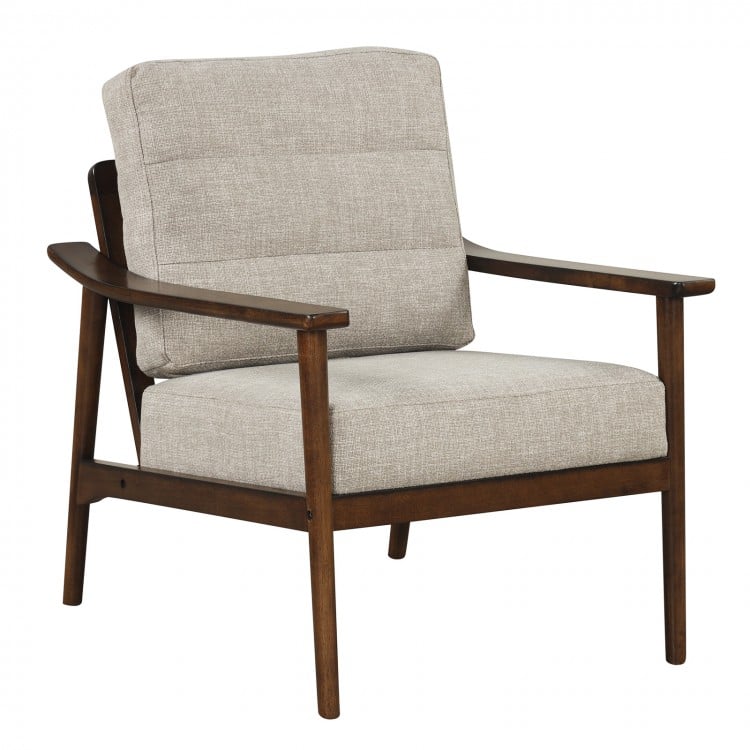 Modern accent chair in a side view, showcasing rubber wood armrests and a plush padded seat for stylish living room.