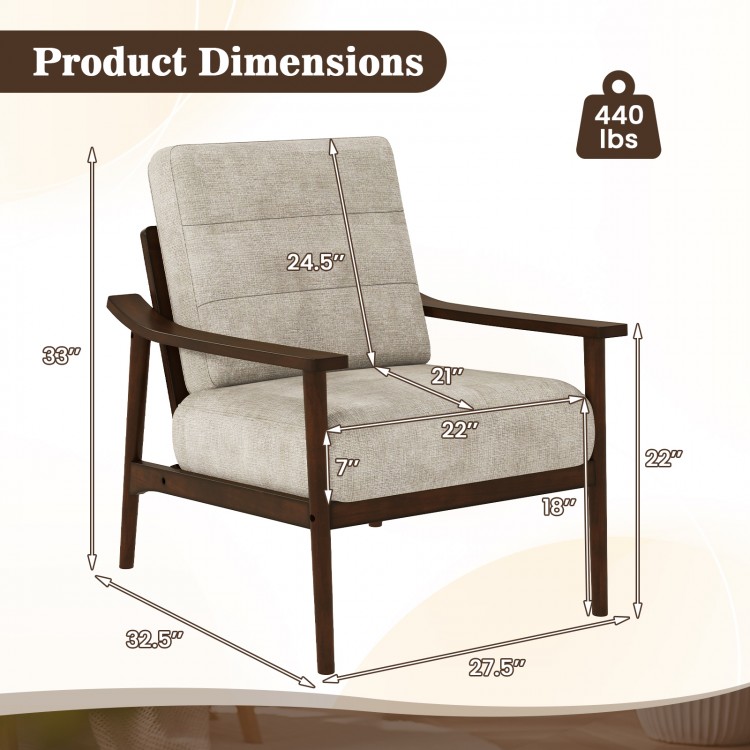 Modern accent chair dimensions with rubber wood armrests, featuring a large seat and ergonomic design for comfort.