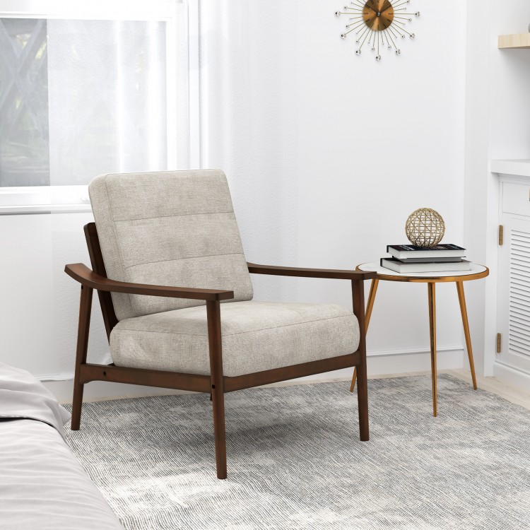 Modern accent chair with rubber wood armrests and legs, featuring a padded seat and back cushion for living room.