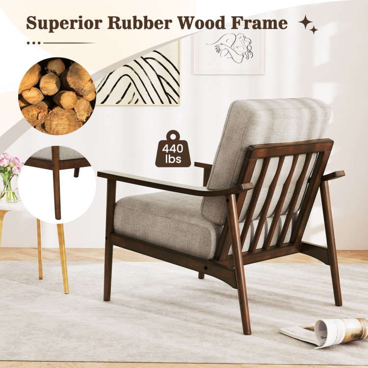 Modern accent chair with rubber wood frame, ergonomic armrests, and padded cushions for living room comfort.
