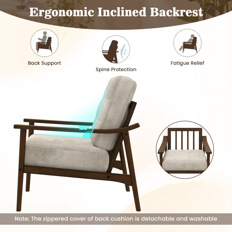 Modern accent chair with rubber wood armrests, ergonomic inclined backrest for spine protection and fatigue relief.