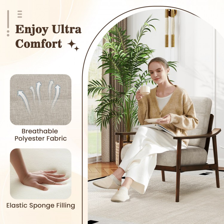 Modern accent chair with rubber wood armrests, featuring breathable fabric and elastic sponge filling for ultimate.