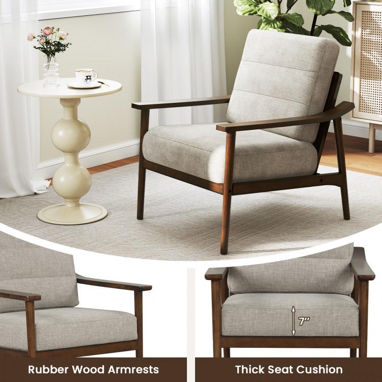 Modern accent chair with rubber wood armrests, thick seat cushion, and ergonomic design for living room comfort.