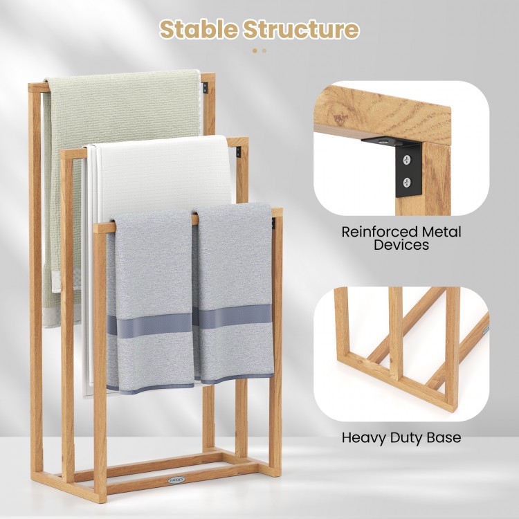 3-tier teak wood towel rack with 3 hanging crossbars, featuring a solid base for stability and natural texture for.
