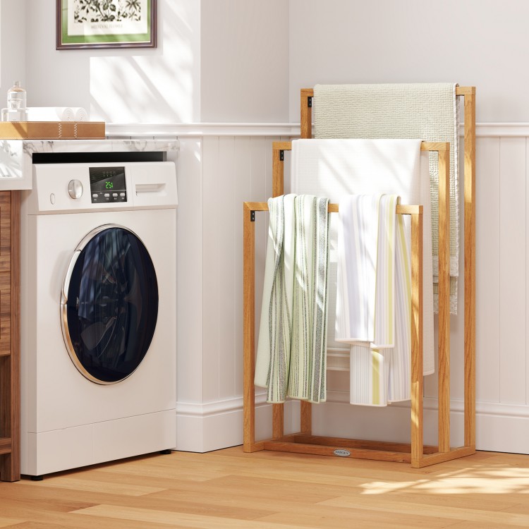 3-tier teak wood towel rack with 3 hanging crossbars, ideal for drying towels in bathrooms or laundry rooms.