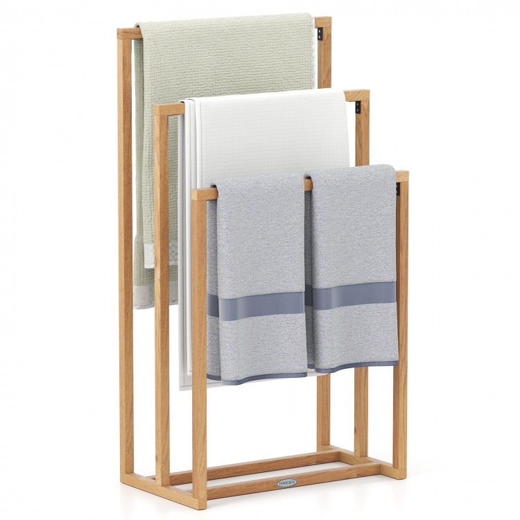 3-tier teak wood towel rack with 3 hanging crossbars for effective drying, ideal for bathrooms and laundry rooms.