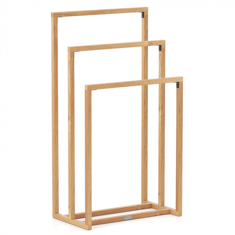 3-tier teak wood towel rack with 3 hanging crossbars, designed for effective drying and stable support in any room.