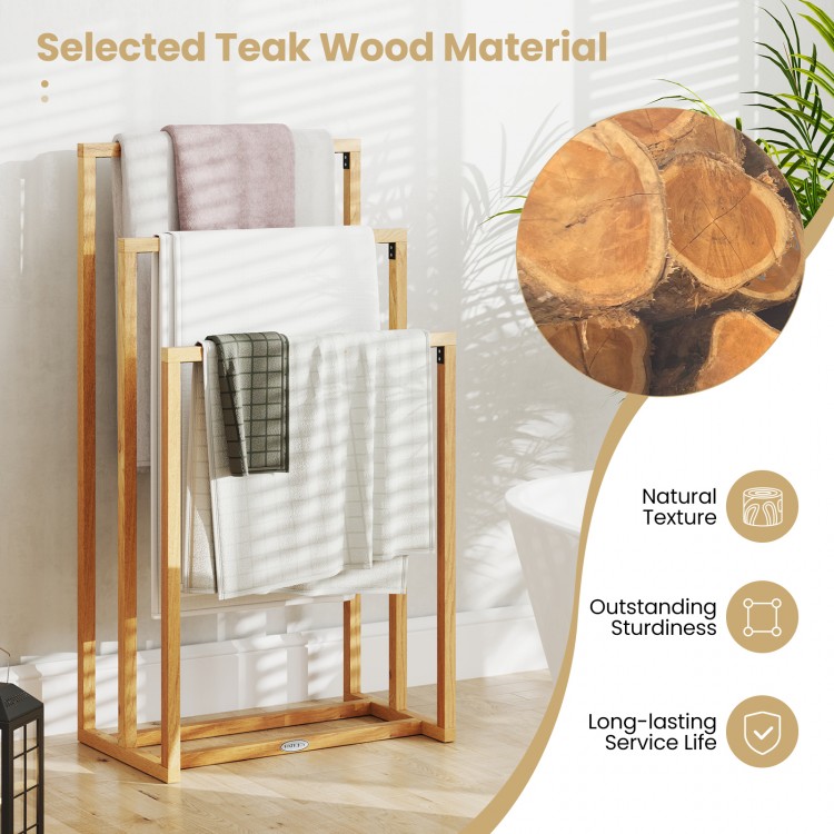 3-tier teak wood towel rack with natural texture, ideal for effective drying in bathrooms or laundry rooms.