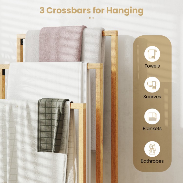3-tier teak wood towel rack with 3 crossbars, ideal for hanging towels and blankets in bathrooms or laundry rooms.