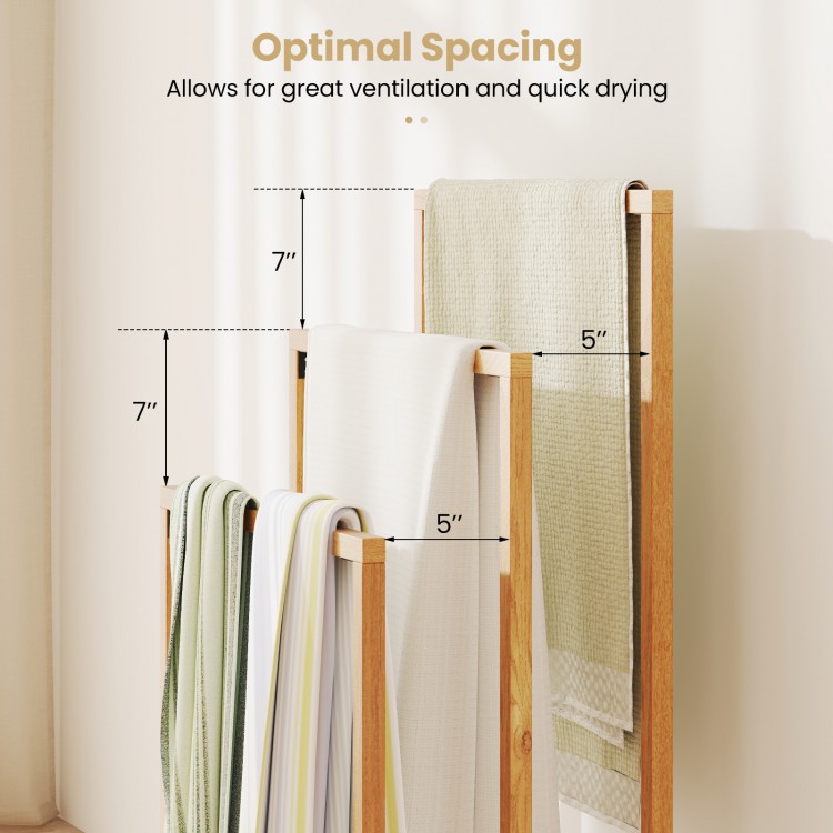 3-tier teak wood towel rack with 3 hanging crossbars, designed for optimal ventilation and quick drying in any room.