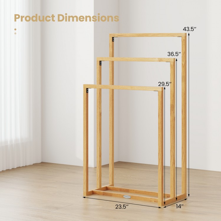 3-tier teak wood towel rack with 3 hanging crossbars, featuring a stable design for effective drying in any room.