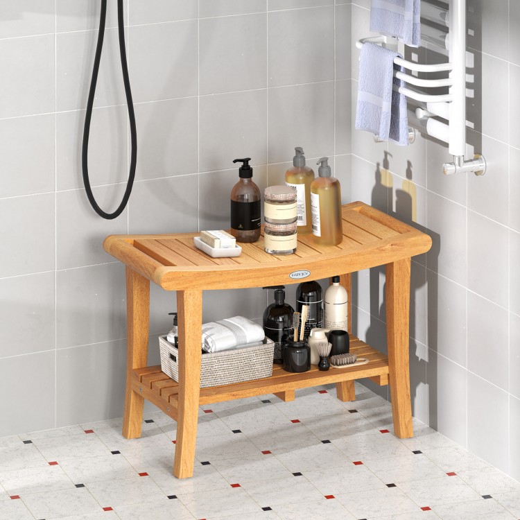 Teak shower stool with storage shelf, non-slip footpads, and ergonomic curved seat for bathroom organization.