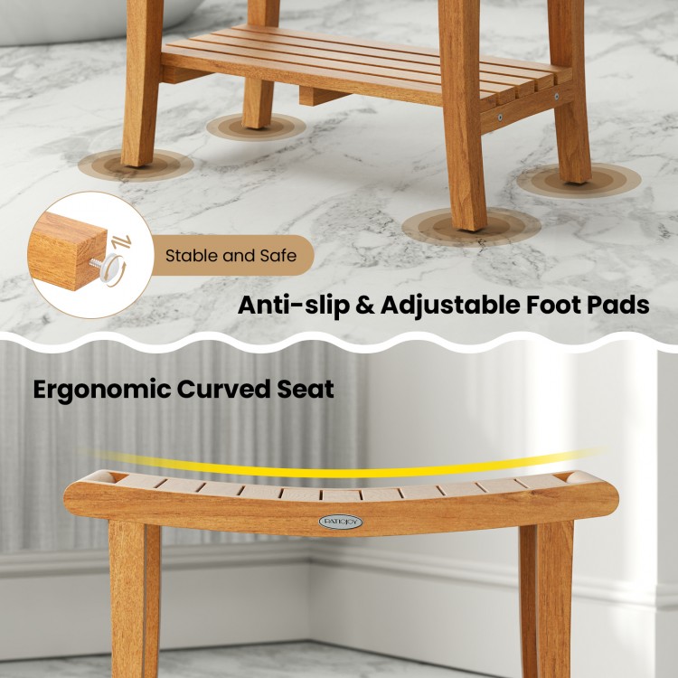 Teak shower stool with ergonomic curved seat, adjustable foot pads, and lower storage shelf for toiletries.