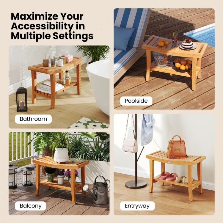 Teak shower stool with storage shelf, non-slip footpads, shown in bathroom, poolside, balcony, and entryway settings.