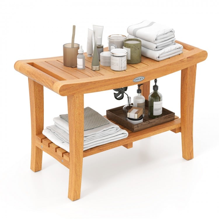 Teak shower stool with slatted top, lower storage shelf, and non-slip footpads for versatile use in bathrooms or.