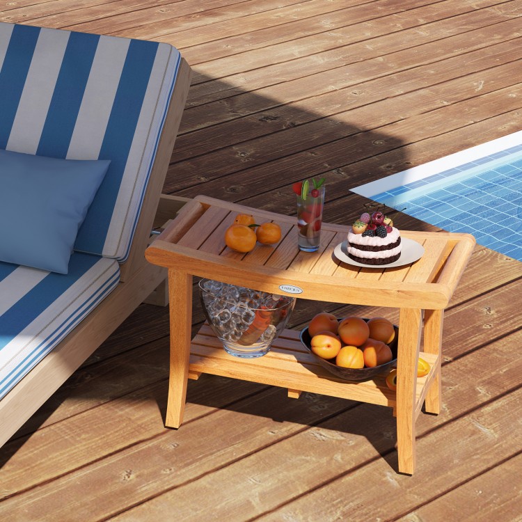 Teak shower stool with slatted top and lower storage shelf, ideal for bathroom or balcony use, featuring non-slip.