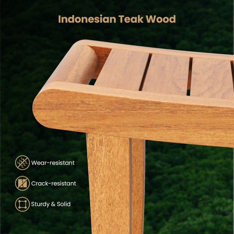 Teak shower stool with slatted top, featuring a sturdy design and lower storage shelf for toiletries and towels.