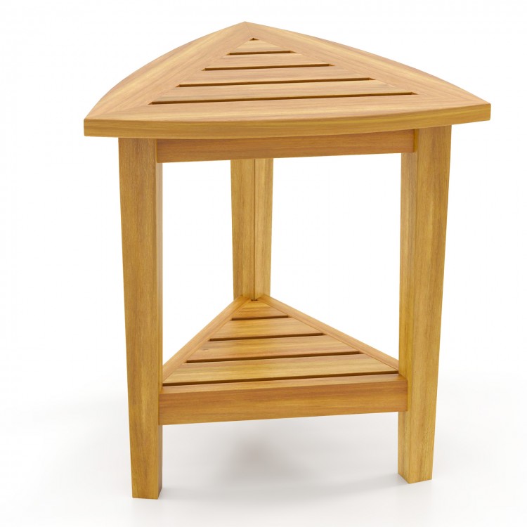 Triangle-shaped 18-inch waterproof shower stool in polished teak wood with slatted surface and storage shelf for.
