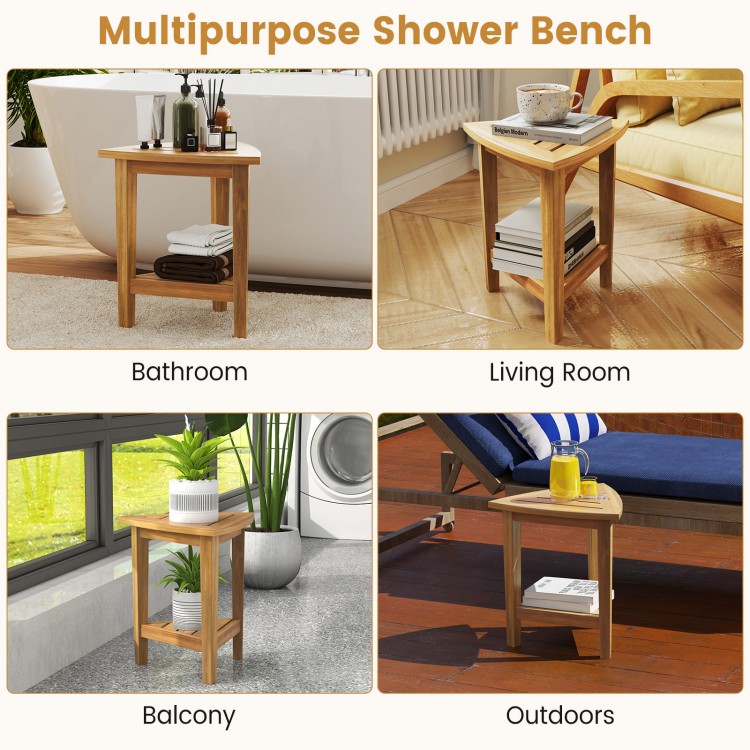 18-inch waterproof shower stool made of teak wood, featuring a slatted surface and 2-tier storage for bathroom.
