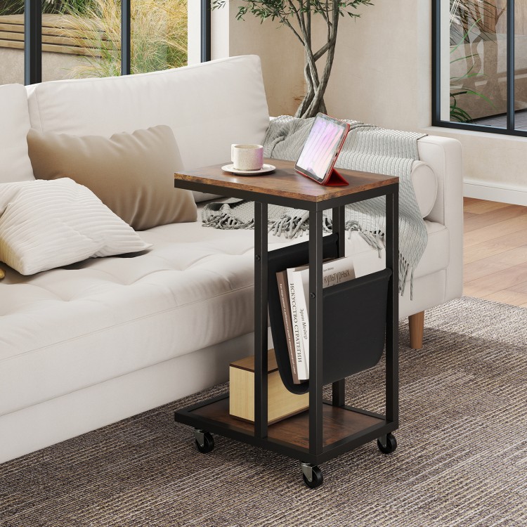 C-shaped side table with a brown wood finish, canvas storage pouch, and metal frame, perfect for small spaces.
