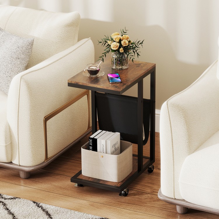 C-shaped side table showcasing a rich brown wood top and canvas storage pouch, ideal for stylish organization beside a.