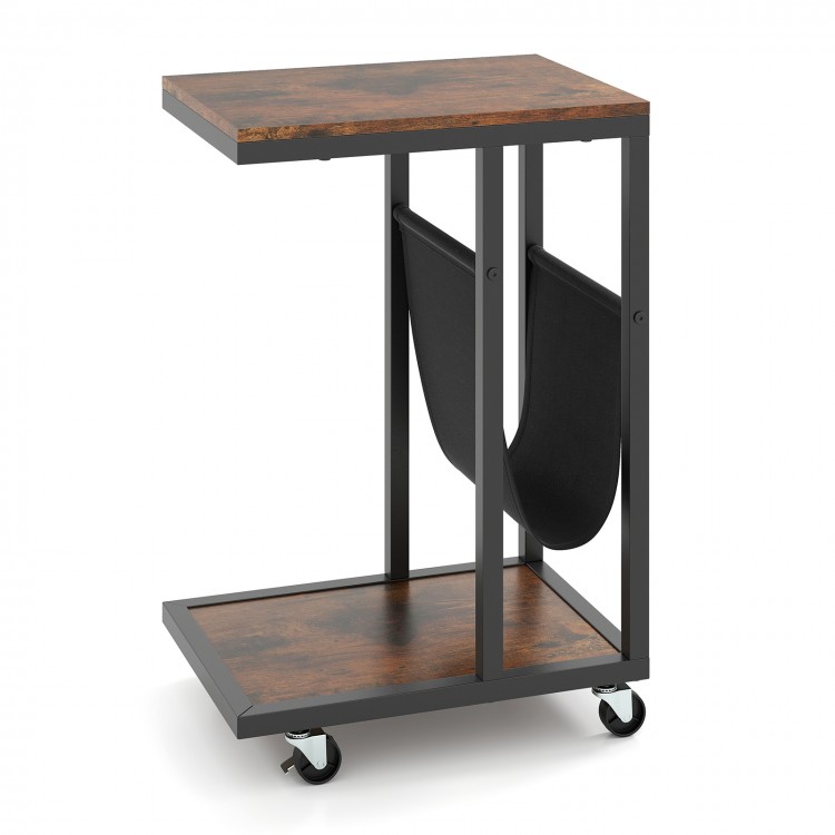 C-shaped side table with a brown wood top, metal frame, and canvas storage pouch, ideal for small spaces and mobility.