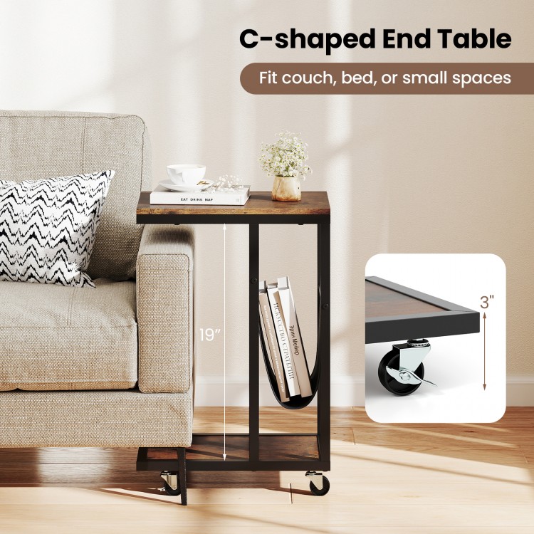 C-shaped end table with a brown metal frame and canvas storage pouch, perfect for small spaces and easy mobility.