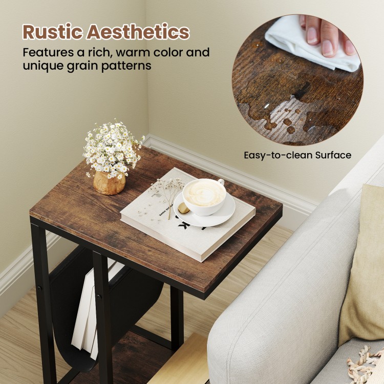 C-shaped side table with a brown finish, featuring a canvas storage pouch and easy-to-clean surface for rustic.