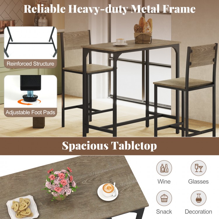 3-piece gray bar table set featuring a spacious tabletop, reinforced metal frame, and comfortable backrest chairs.