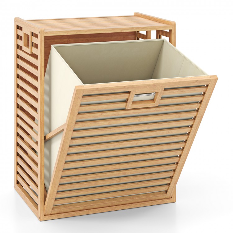 Natural bamboo tilt-out laundry hamper with removable fabric bin, featuring slatted design and spacious top for storage.