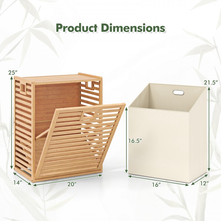 Bamboo tilt-out laundry hamper with removable fabric bin, featuring slatted design and spacious top for bathroom.