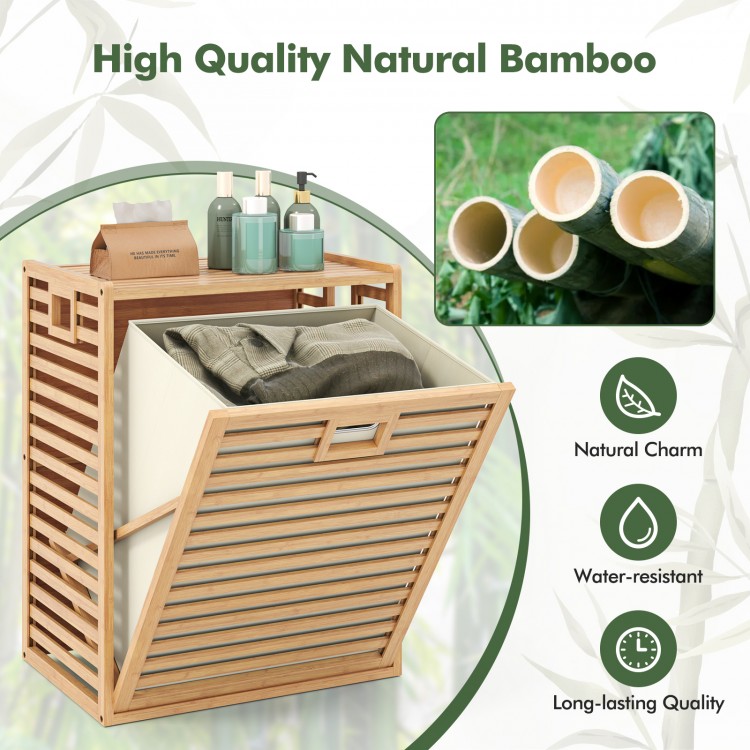 Bamboo tilt-out laundry hamper with removable fabric bin, 18 Gal capacity, ideal for bathrooms and laundry areas.