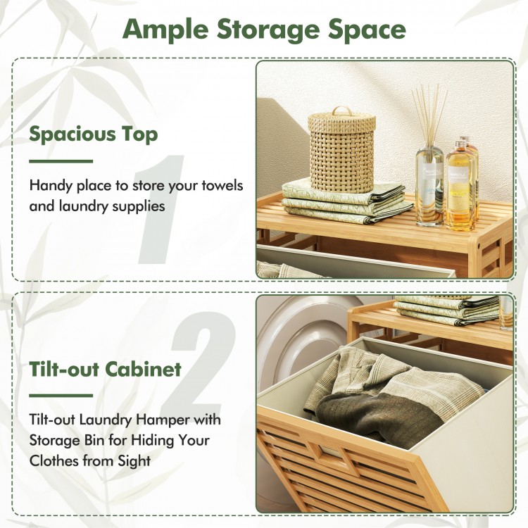 Bamboo tilt-out laundry hamper with removable fabric bin, spacious top for storage, ideal for bathrooms and laundry.