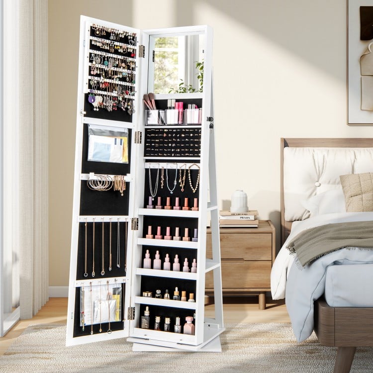 360° swivel jewelry armoire in white with full-length mirror, ample storage for jewelry and cosmetics, perfect for.